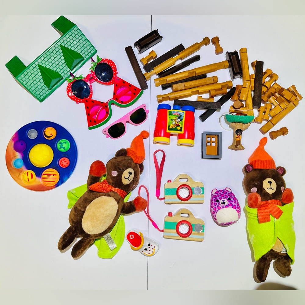 Colorful Kids Toy Set with Plush Bears and Accessories Wooden Cameras Blocks Fun
